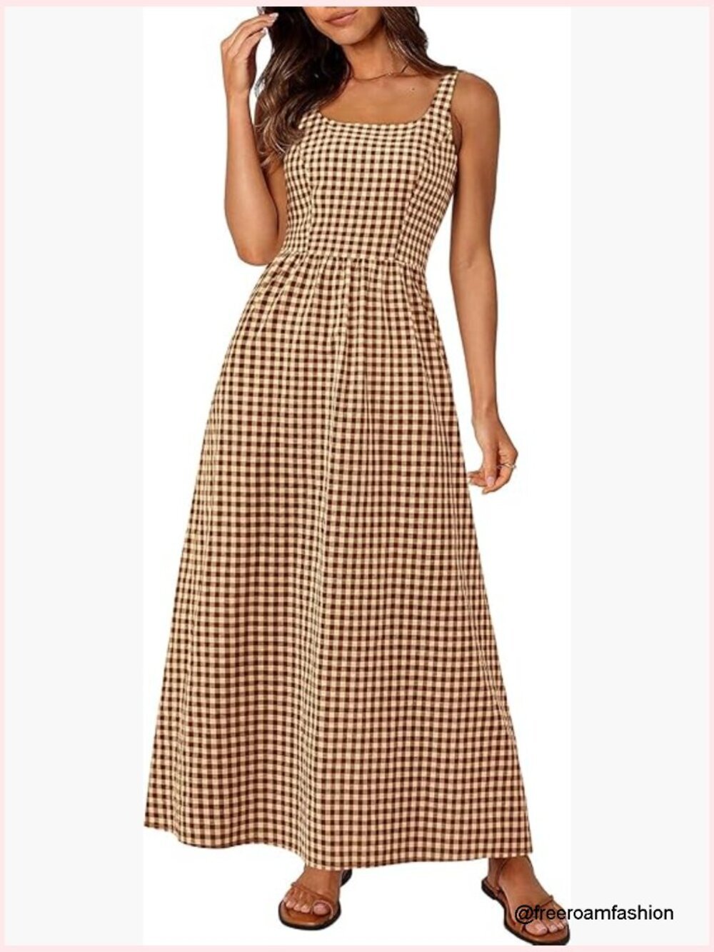 Summer Spaghetti Strap Maxi Dress Plaid Square Neck A Line Casual Beach